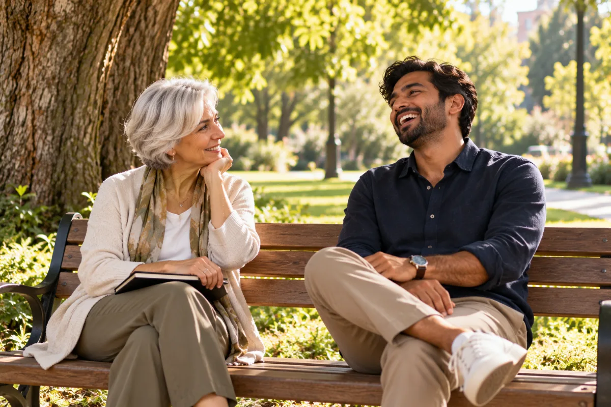 A coach and a client laughing together on a park bench.