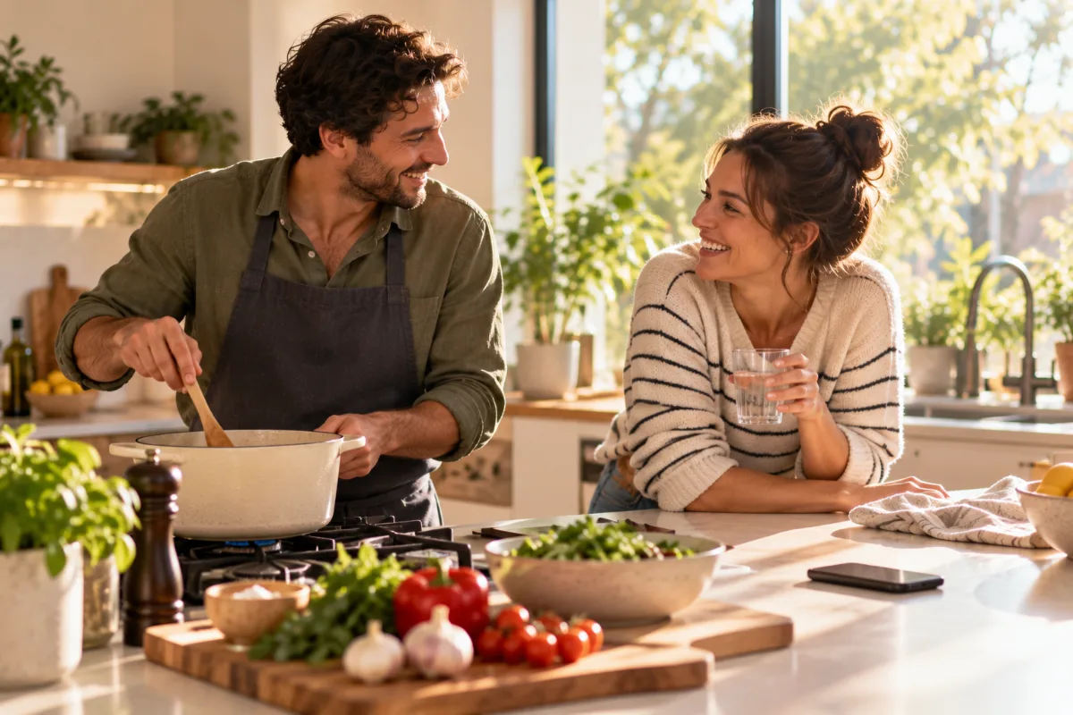 A couple laughing as they cook together in their kitchen.