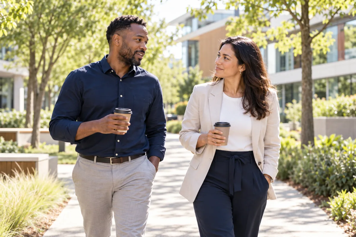 A manager and a team member on a walking one-to-one, coffees in hand.