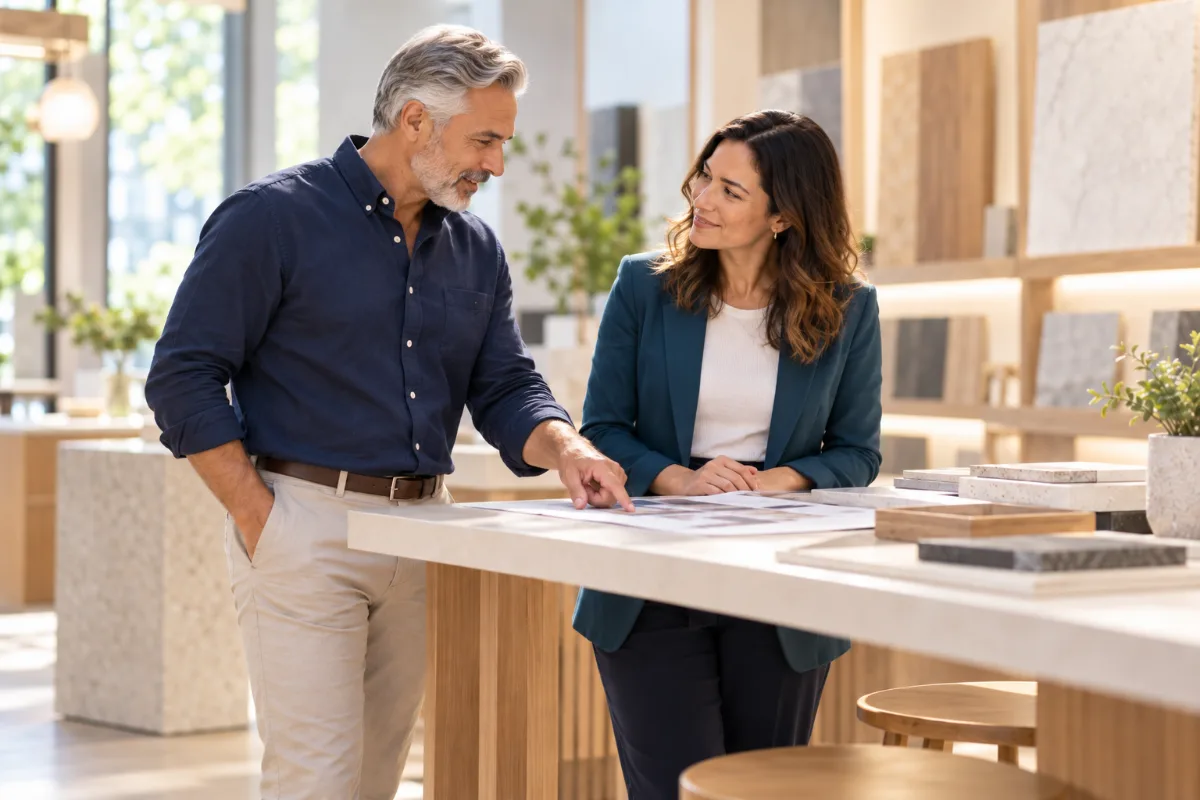 A client pointing at a proposal while the salesperson listens, in a bright showroom.
