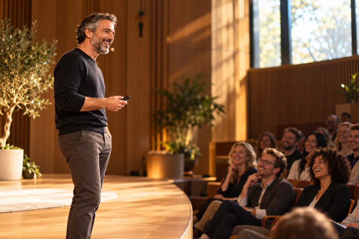 A speaker with a headset microphone making a theatre audience laugh.