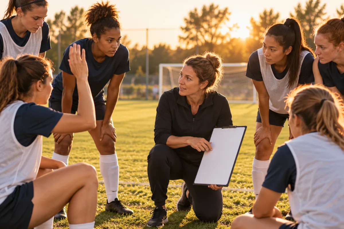A football coach kneeling with a tactics board as her players gather round.