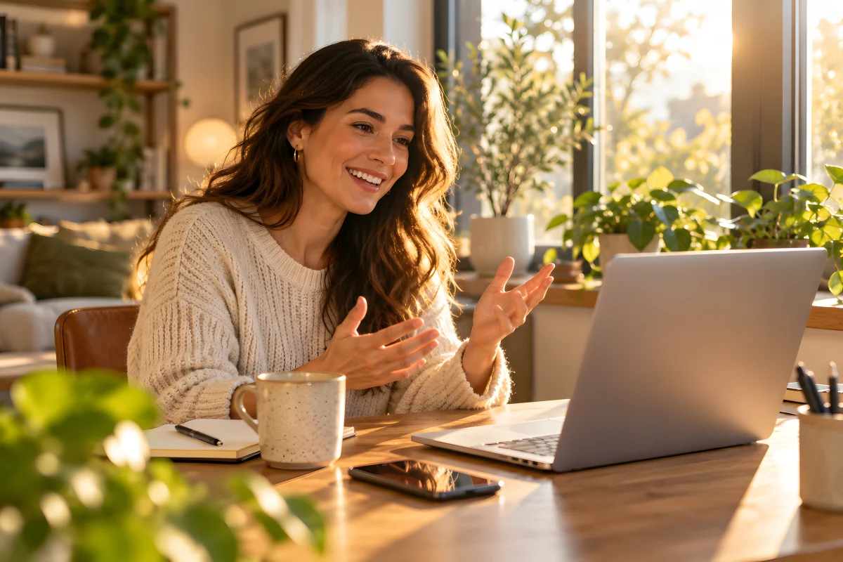 A woman on a video call at her desk at home, smiling as she talks.