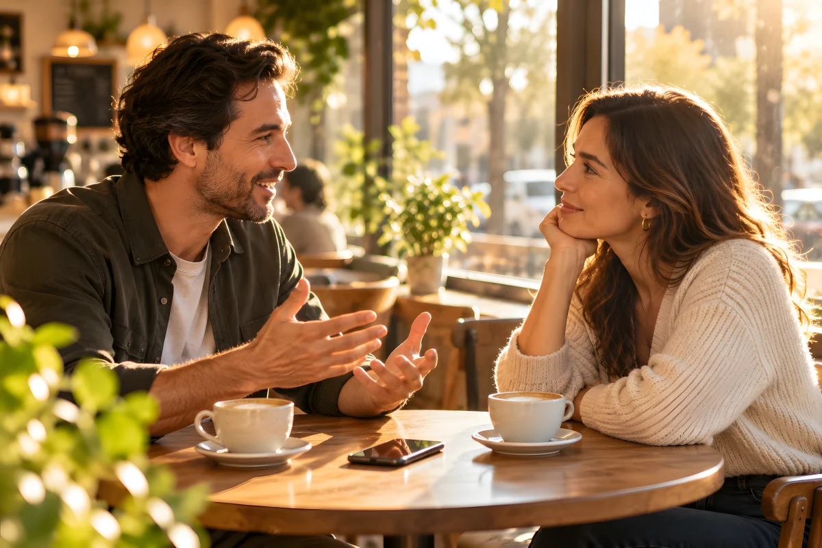 Two colleagues talking over coffee at a café table, an iPhone between them.