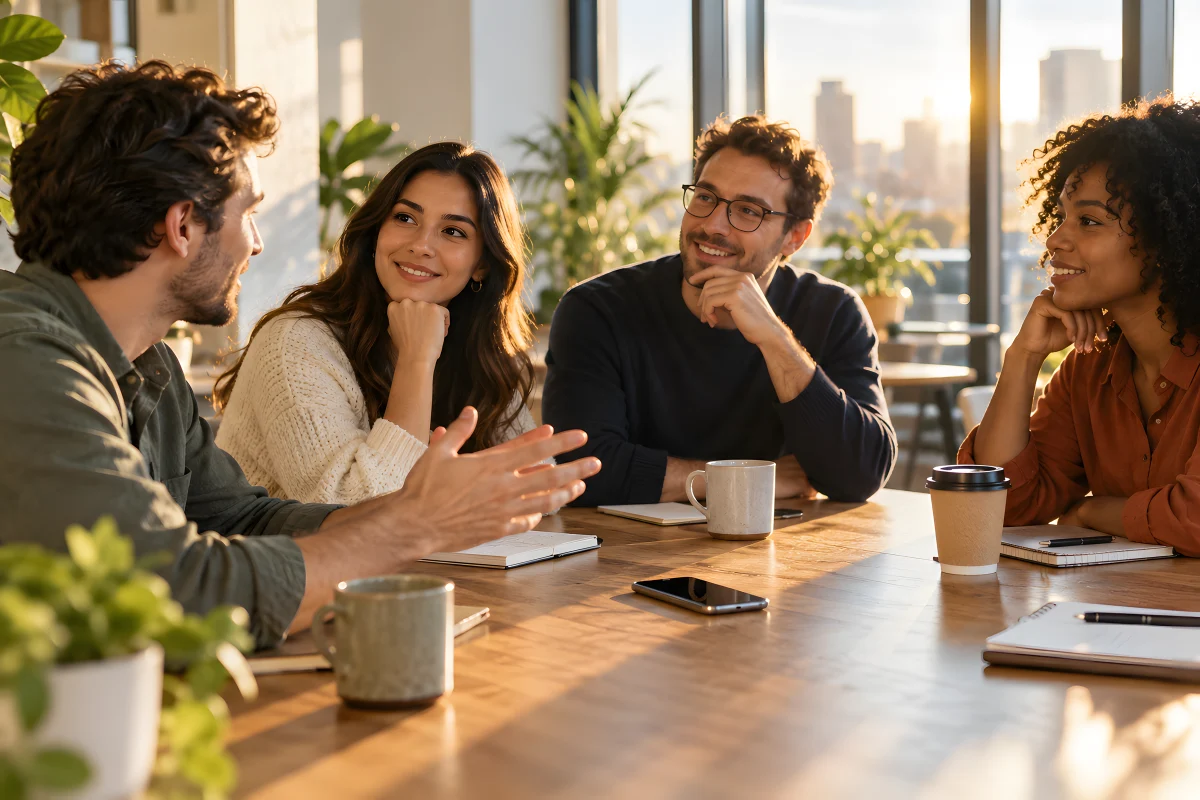 A team talking around a wooden table, an iPhone face up among the coffee cups.