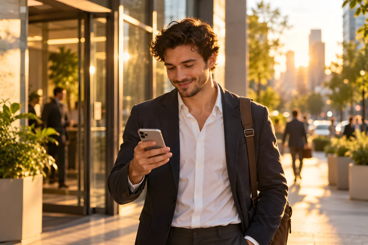 A man smiling at his iPhone as he walks out of an office building.