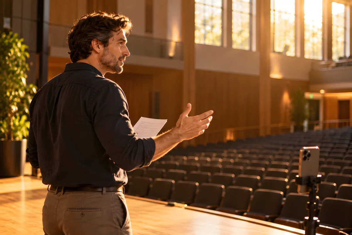 A man rehearsing a talk on an empty stage, an iPhone recording him.