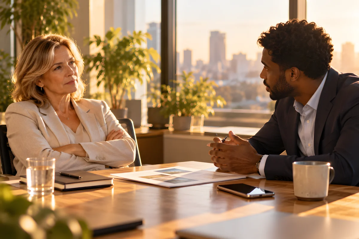 A client with her arms crossed as a salesperson leans in and listens.