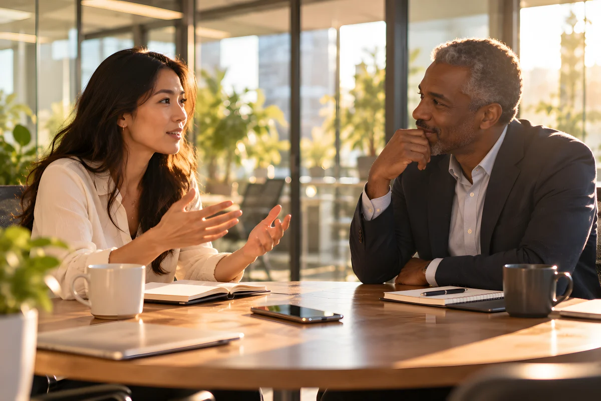 A manager listening as a team member talks, across a table in a glass meeting room.