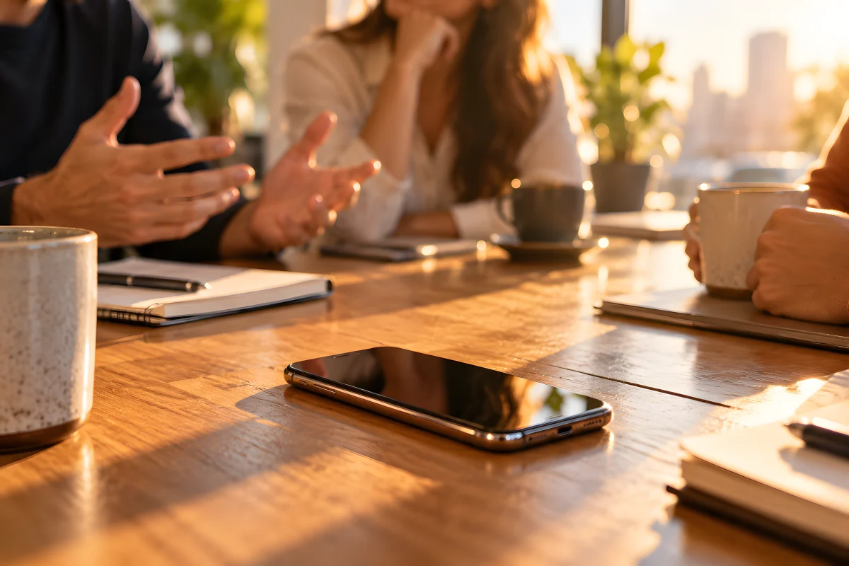 An iPhone face up on a meeting table while the people around it talk.